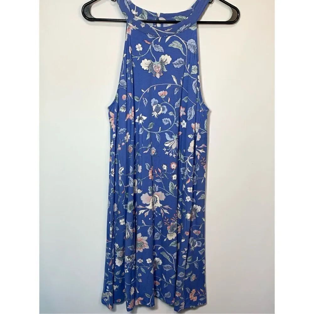 LOFT Women's Floral Pattern Cutout Back Halter Swing Dress Blue Size Medium